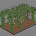 Wooden Pergola With Green Vines And Purple Flowers On Wooden Floor