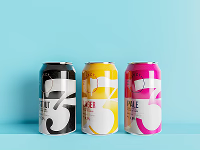 Colorful Canned Beverages with Black Yellow Pink Labels Featuring Stout Lager Pale and Number 5 3d model