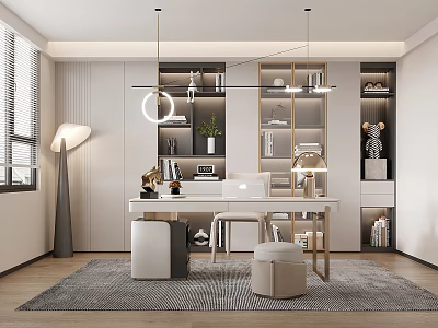 Modern Study Room Design With Spacious Desk Wall Bookshelves Window And Area Rug 3d model