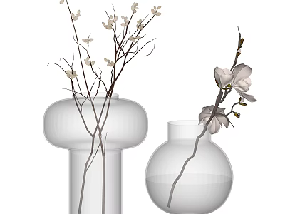 Tall White Vase With Small Flowering Branches And Transparent Round Vase With Large Pale Flower 3d model
