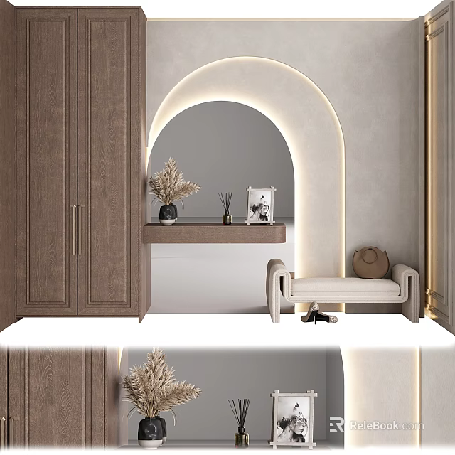 Entryway Hallway Interior With Arched Lighting Wooden Cabinets Bench Pampas Grass Photo Frame Shoes 3d model 