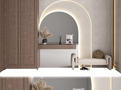 Entryway Hallway Interior With Arched Lighting Wooden Cabinets Bench Pampas Grass Photo Frame Shoes 3d model