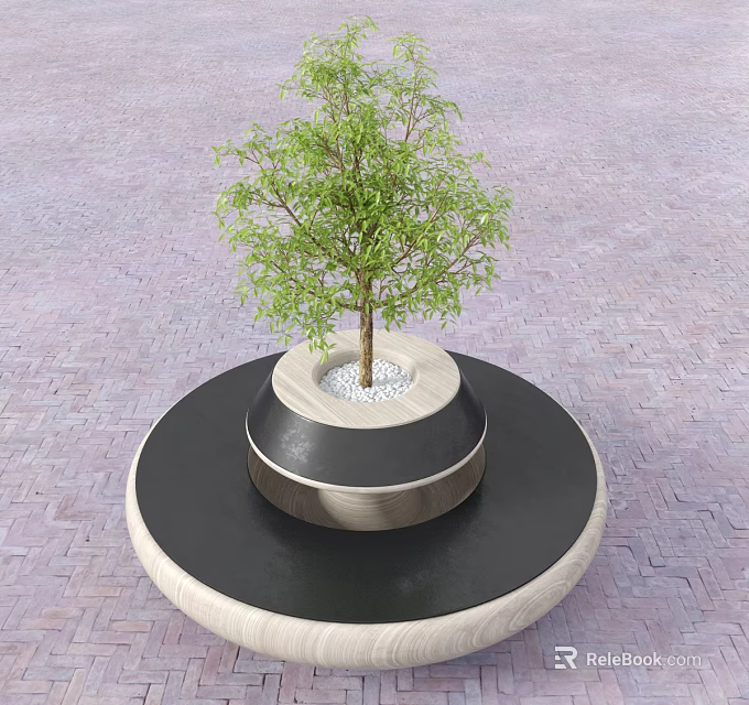Stylish Outdoor Chair With Circular Wooden Platform And Green Tree In Brick Pavement Area 3d model 