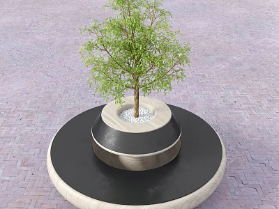 Stylish Outdoor Chair With Circular Wooden Platform And Green Tree In Brick Pavement Area 3d model
