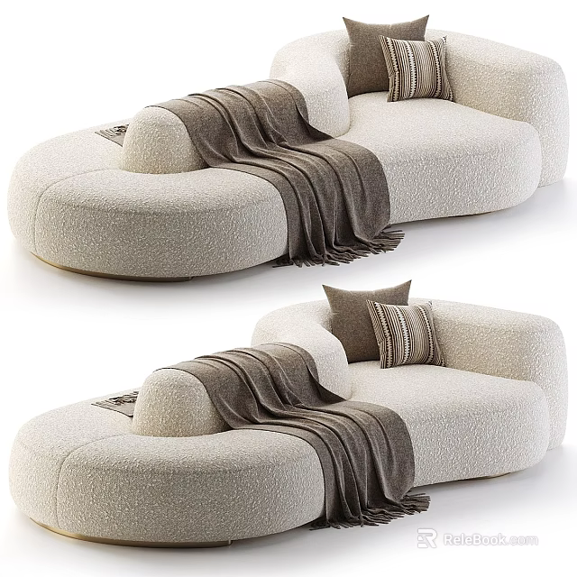 Bouclé Fabric Beige Curved Sectional Sofa With Brown Throw Blanket And Decorative Pillows 3d model 