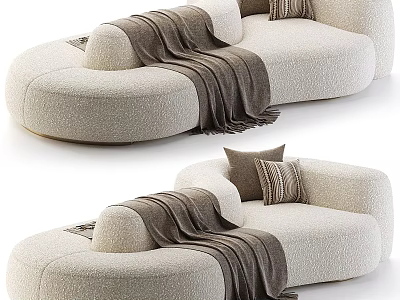 Bouclé Fabric Beige Curved Sectional Sofa With Brown Throw Blanket And Decorative Pillows 3d model