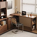 Modern Wooden Desk Setup With Bookshelf Chair Lamp Laptop And Coffee Cup