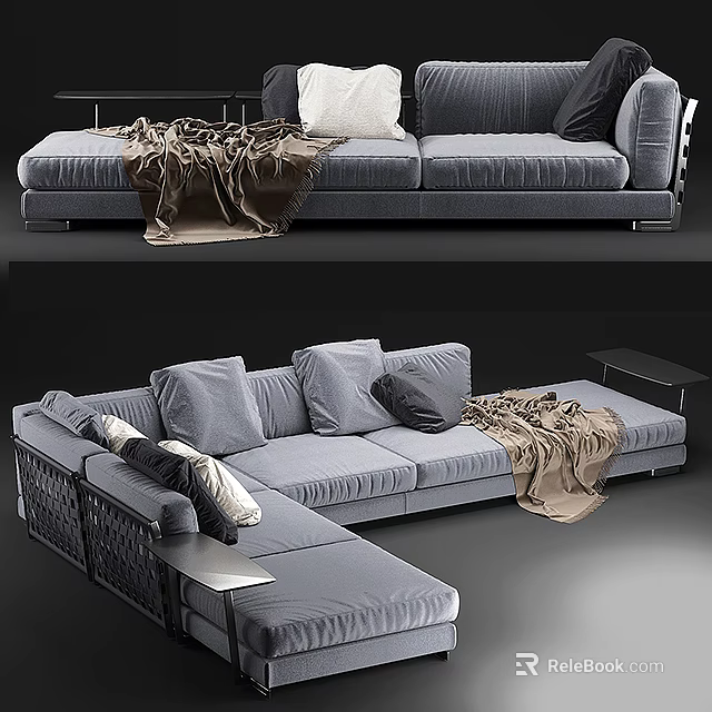 Modern Gray Sectional Sofa With Plush Pillows Cozy Blanket And Side Table 3d model