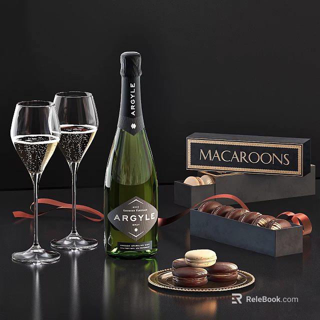 Elegant Wine Bottle and Glasses with Macaroons Chocolates and Dessert 3d model 