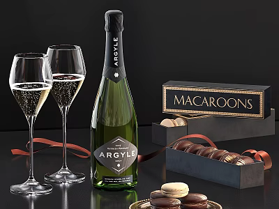 Elegant Wine Bottle and Glasses with Macaroons Chocolates and Dessert 3d model