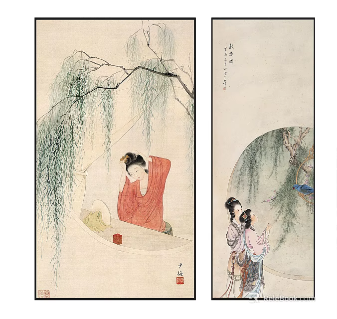Ancient Chinese Ladies in Traditional Clothing Under Willow Tree with Round Fan 3d model 