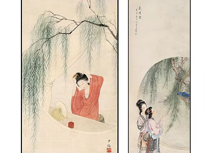 Ancient Chinese Ladies in Traditional Clothing Under Willow Tree with Round Fan 3d model