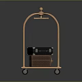 Golden Luggage Cart With Stacked Suitcases On Red Base And Wheels