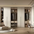 Modern Walk-in Closet Interior With Glass Door Cabinets Open Shelves And Seating Area