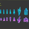 Blue and Purple Crystal Decorative Ornament Set with Columnar Polyhedral Shapes on Black Background Reflections