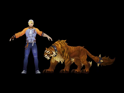 Blonde Haired Character Wearing Light Vest Blue Pants With Yellow Striped Brown Tiger Spiked Tail 3d model