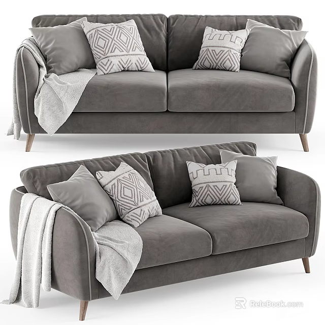 Modern Gray Two Seater Sofa With Geometric Pillows And Throw Blanket 3d model