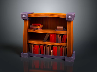 Wooden Bookshelf with Multiple Shelves Filled with Red and Brown Books and Purple Decorative Corners 3d model