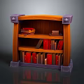 Wooden Bookshelf with Multiple Shelves Filled with Red and Brown Books and Purple Decorative Corners