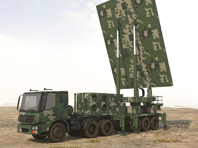 Military Camouflage Functional Vehicle With Deployed Radar Antenna In Desert Terrain 3d model