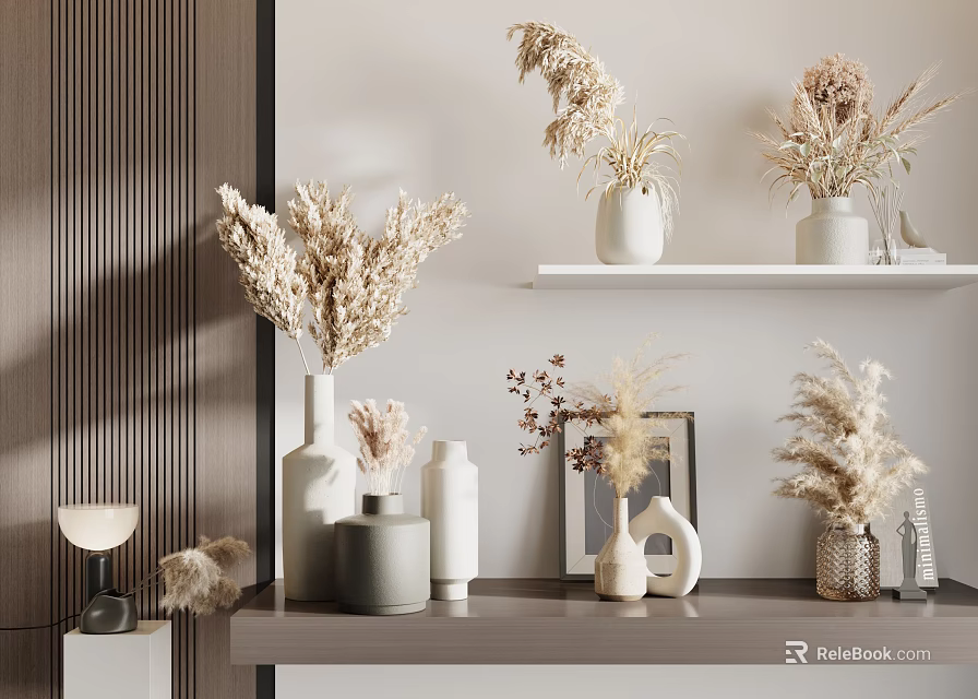 Modern Decorative Ornament Arrangement With Dried Flowers Vases And Shelf 3d model 