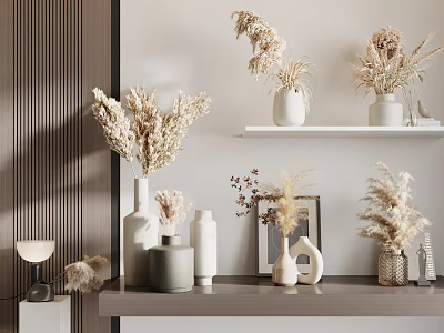 Modern Decorative Ornament Arrangement With Dried Flowers Vases And Shelf 3d model
