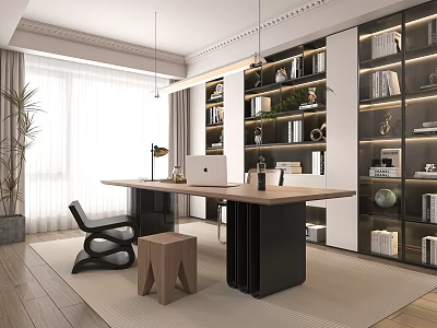Stylish Home Study Room With Wooden Desk Bookshelves Green Plants And Natural Light 3d model