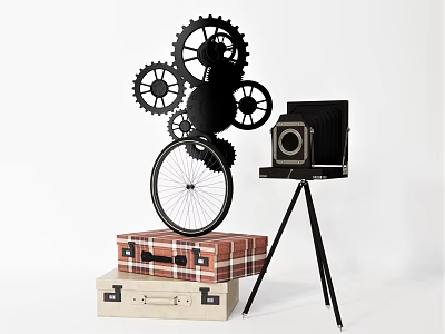 Vintage Digital Camera Display With Black Gears Bicycle Wheel And Brown Suitcase On White Background 3d model