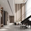Modern Duplex Living Room Design With Black Piano Beige Sofa Large Windows And Marble Wall