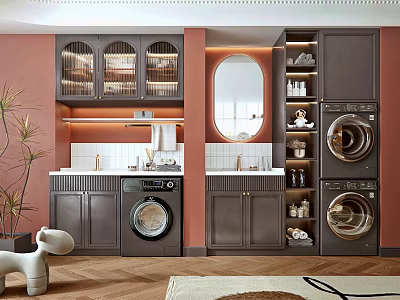 Bathroom Cabinet Rack With Washing Machine Dryer Storage Cabinets Mirror And Decorative Plant 3d model