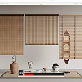 Bamboo Curtains Woven Grid and Venetian Styles with Decorative Items on White Wall