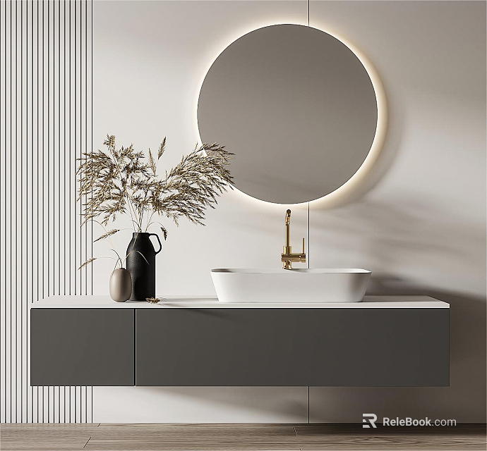 Modern Bathroom Interior With Round Mirror White Washbasin Gray Cabinet And Vase With Dried Plants 3d model 