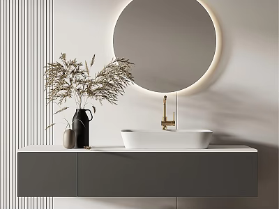 Modern Bathroom Interior With Round Mirror White Washbasin Gray Cabinet And Vase With Dried Plants 3d model