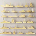 Golden Ship Models Neatly Arranged As Wall Decoration On Light Background 3d model