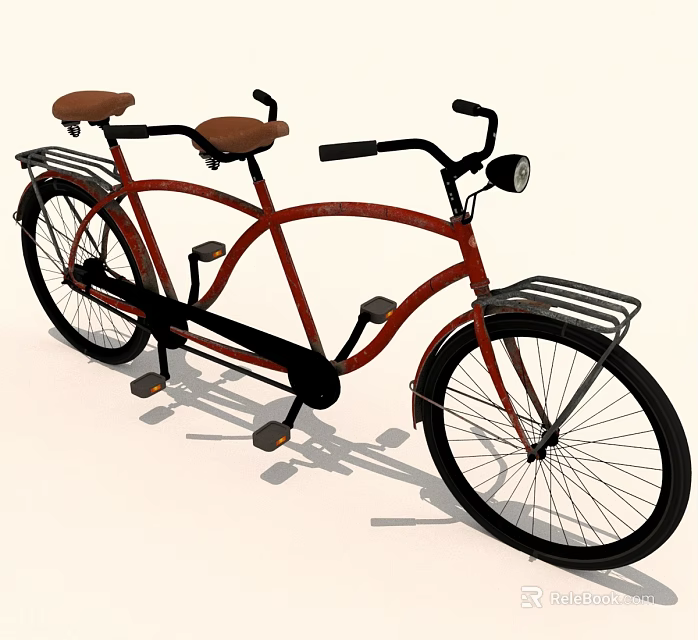 Red Tandem Bicycle With Two Seats Rear Rack And Front Light 3d model 