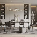 Modern Dining Table Set With Chairs Stool Pendant Light And Decorative Bookshelves 3d model