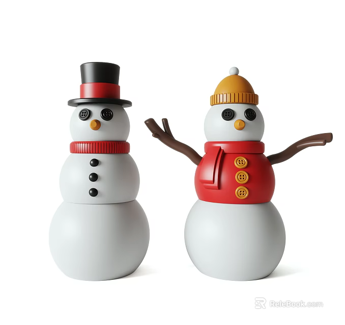 Cute Decorative Ornament Set with Two Snowmen Wearing Hats and Red Scarf for Home Decor 3d model 