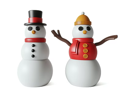 Cute Decorative Ornament Set with Two Snowmen Wearing Hats and Red Scarf for Home Decor 3d model