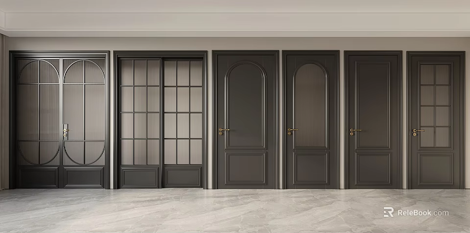 Modern Black Hinged Doors Interior Design With Panel Frames And Brass Handles 3d model 