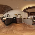 Cozy Café Interior With Wooden Ceiling Hanging Lights Coffee Bar Green Plants And Herringbone Floor