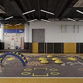 Indoor Kids Play Space With Colorful Equipment Arch Blocks And Yellow Black Floor Patterns