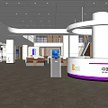 Modern Bank Service Hall Interior With Service Counter Seating Marble Flooring And Self Service Kiosks