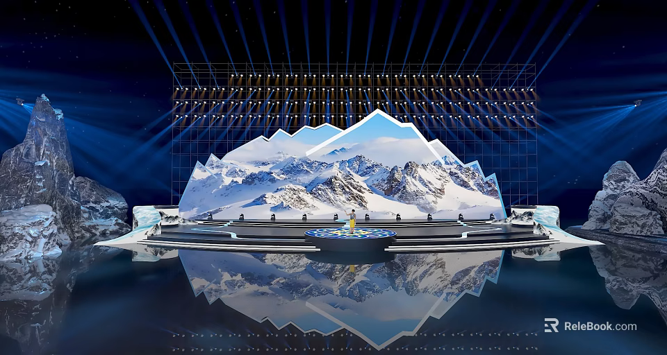 Event Stage With Snow Mountain Backdrop Blue Lighting And Reflections 3d model 