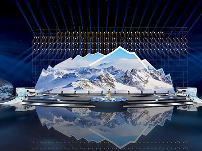 Event Stage With Snow Mountain Backdrop Blue Lighting And Reflections 3d model
