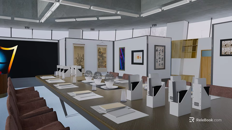Spacious Conference Room With Long Wooden Table Brown Chairs Decorative Paintings And Ceiling Lights 3d model 