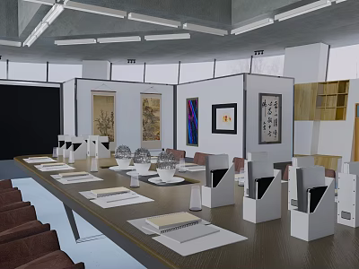 Spacious Conference Room With Long Wooden Table Brown Chairs Decorative Paintings And Ceiling Lights 3d model