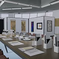 Spacious Conference Room With Long Wooden Table Brown Chairs Decorative Paintings And Ceiling Lights
