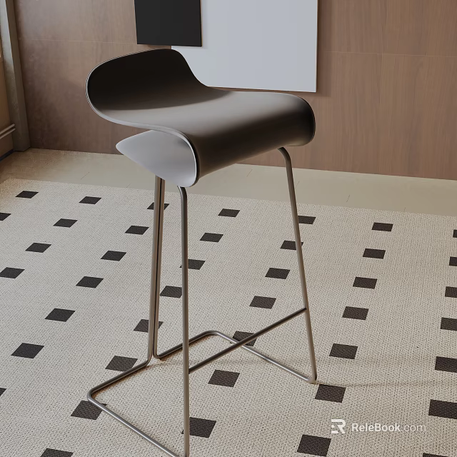 Modern Black Bar Stool With Metal Frame On Geometric Pattern Carpet And Wooden Wall 3d model 