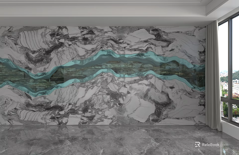 Modern Elegant Marble Wall With Black White Blue Wave Texture Interior 3d model 