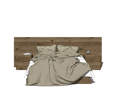 Double Bed with Wooden Headboard and Nightstands in Cozy Bedroom Setting 3d model